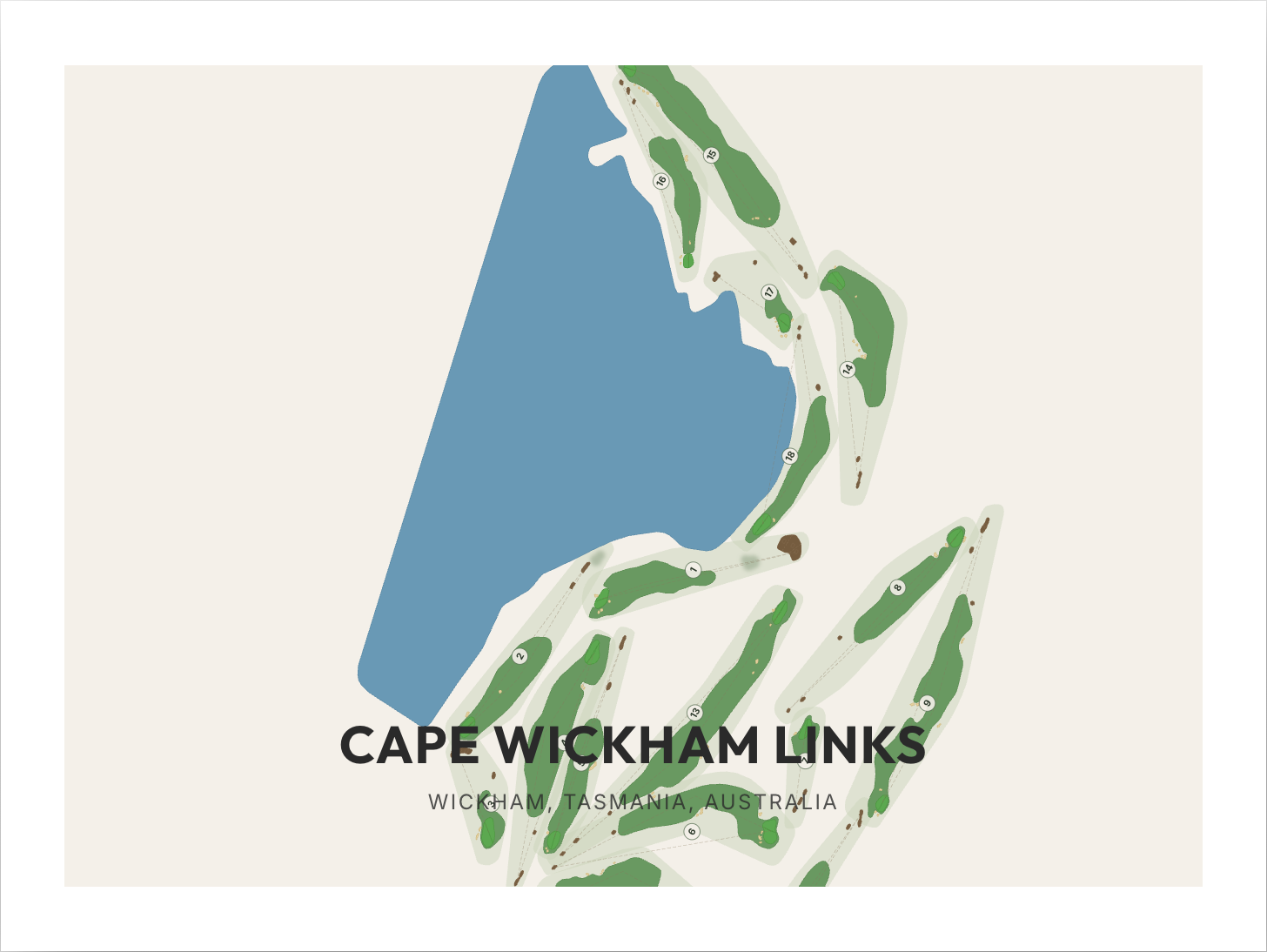 Framed art print of the Cape Wickham Links course map on King Island, Tasmania