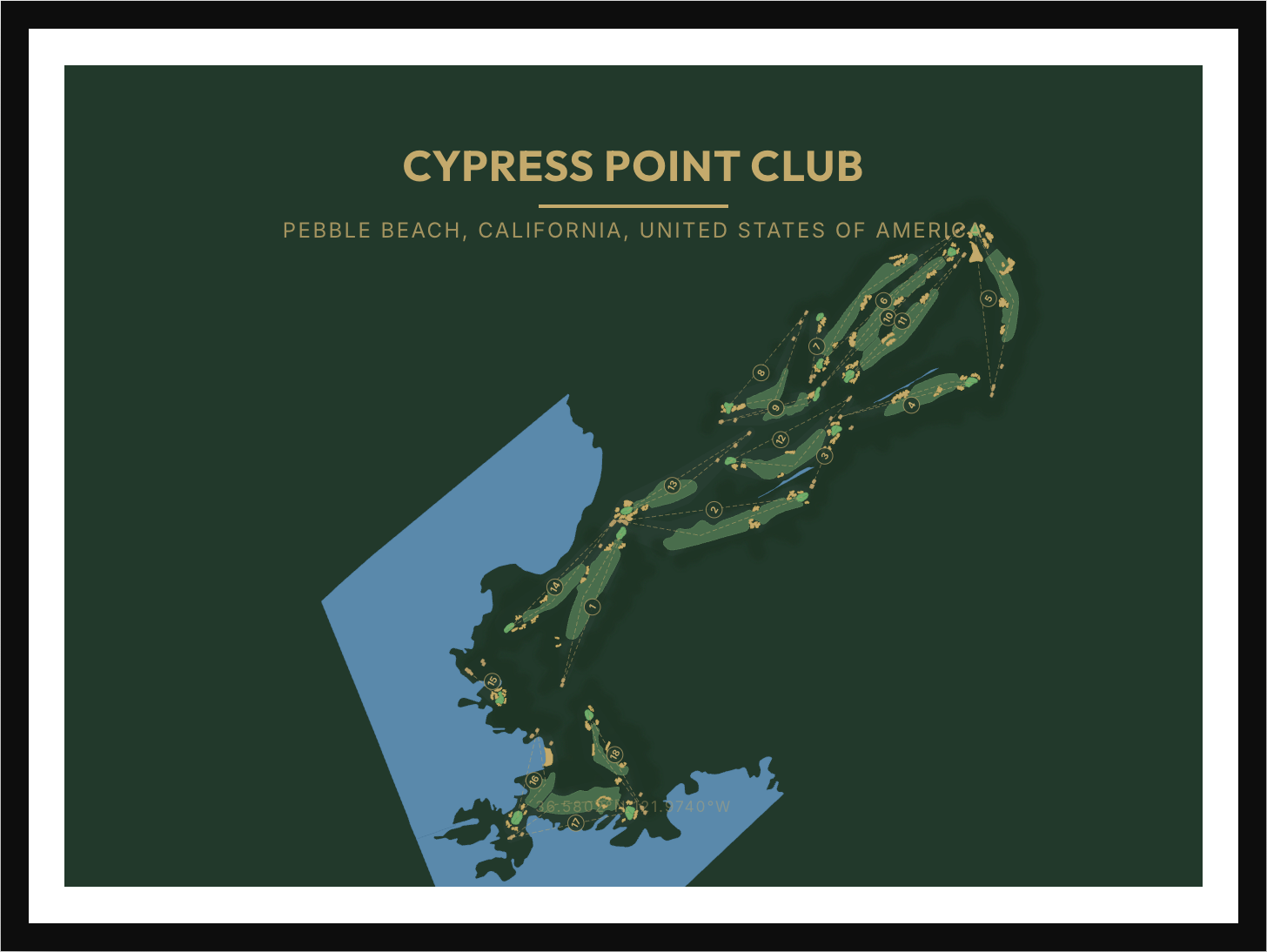 Framed art print of the Cypress Point Club course map in a classic dark style