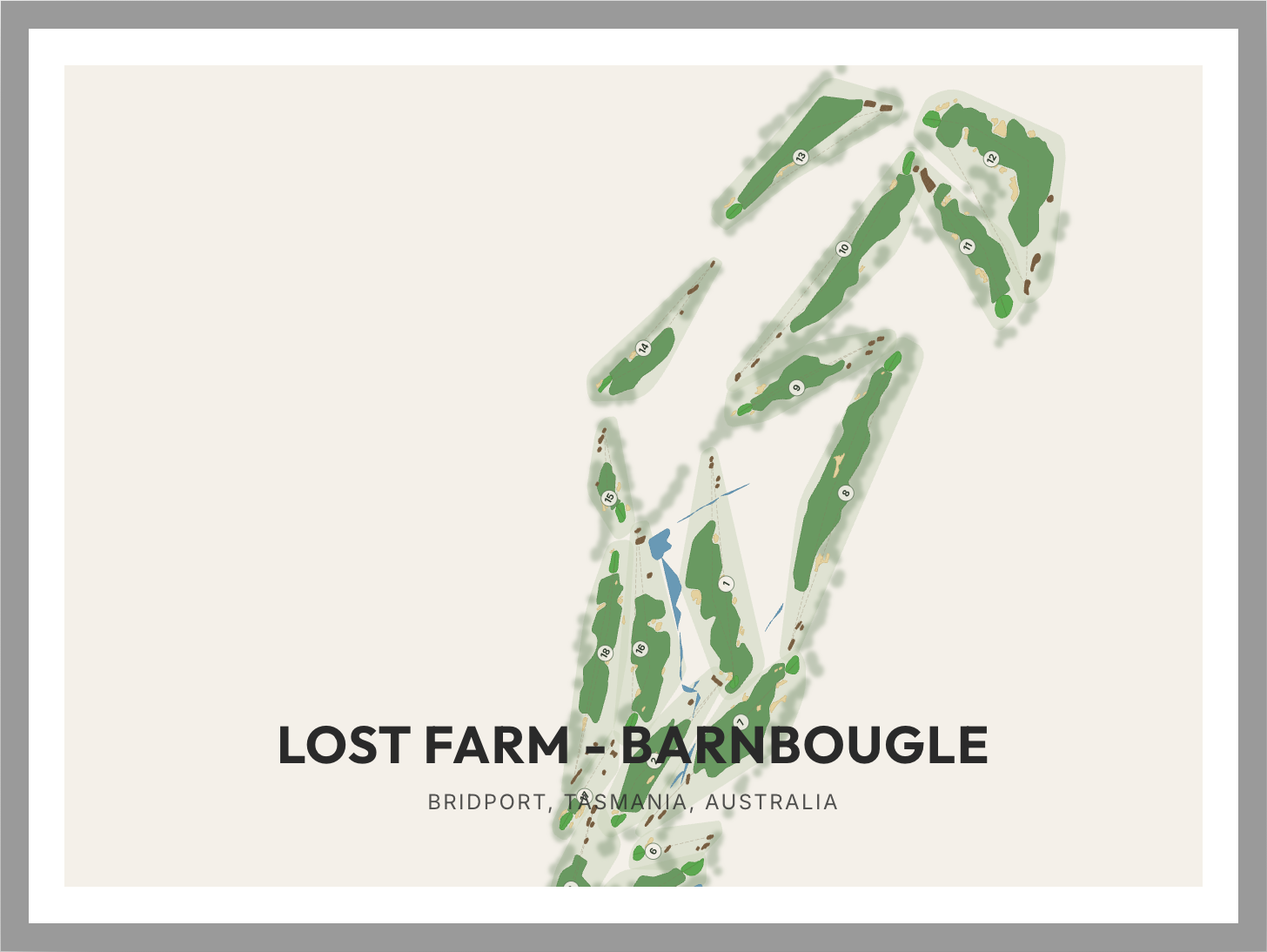 Framed art print of the Lost Farm course map at Barnbougle Dunes, Bridport, Tasmania