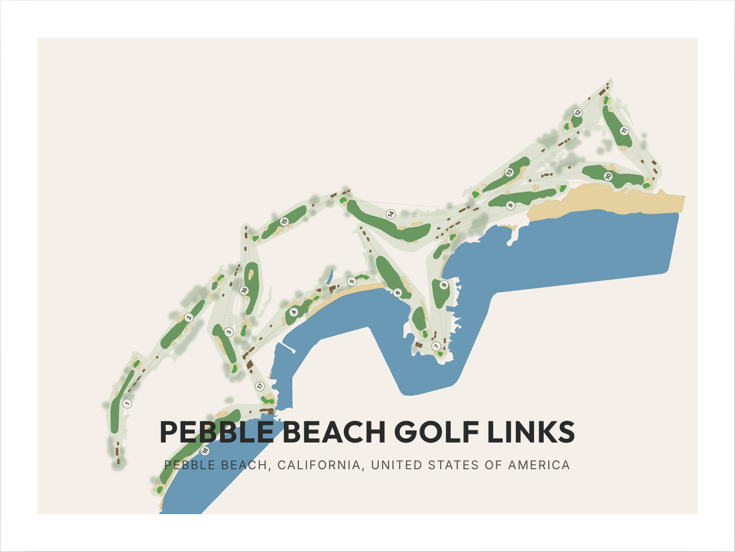 Framed art print of the Pebble Beach Golf Links course map, hole-by-hole layout along the California coastline
