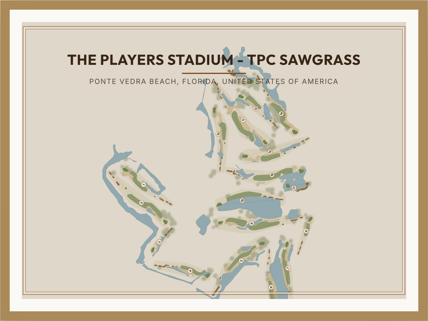 Framed vintage art print of The Players Stadium course map at TPC Sawgrass, Ponte Vedra Beach, Florida